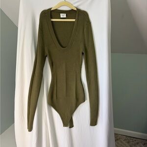 Ribbed V-Neck Olive Green Long-Sleeve Bodysuit